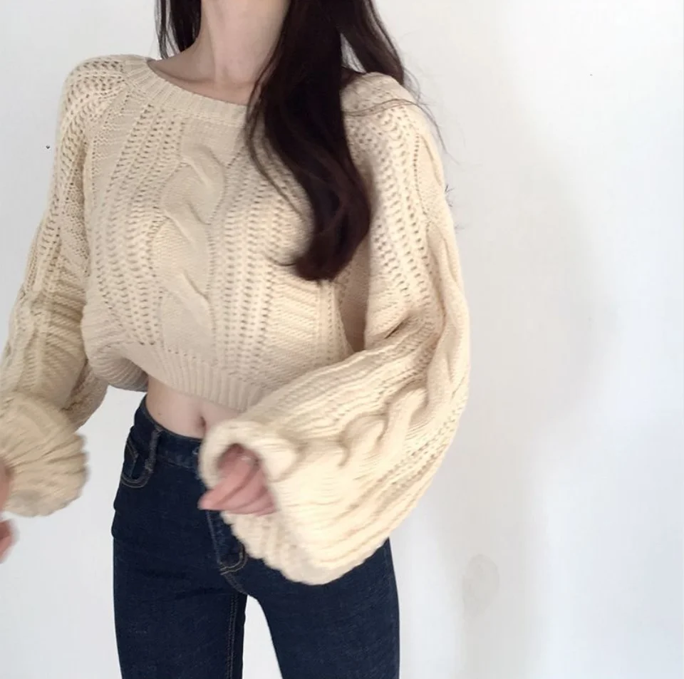 Neploe Pull Femme свободная короткая перекрестная вязка Топы Женские однотонные цветной фонарь свитер с длинными рукавами женские корейские модные новые уличные