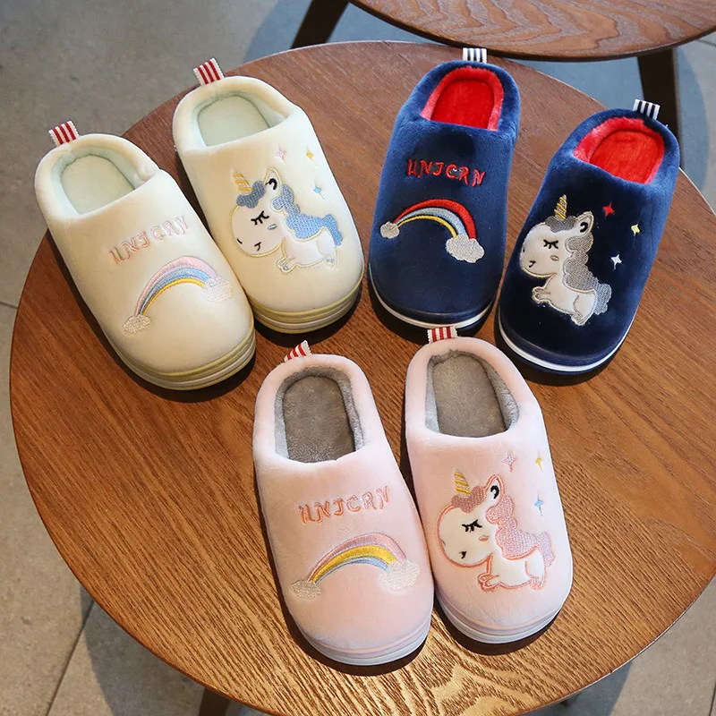 

2019 New Boys And Girls Winter Warm Plush Home Slippers Indoor Non-Slip Plush Soft Bottom Unicorn Rainbow Home Shoes