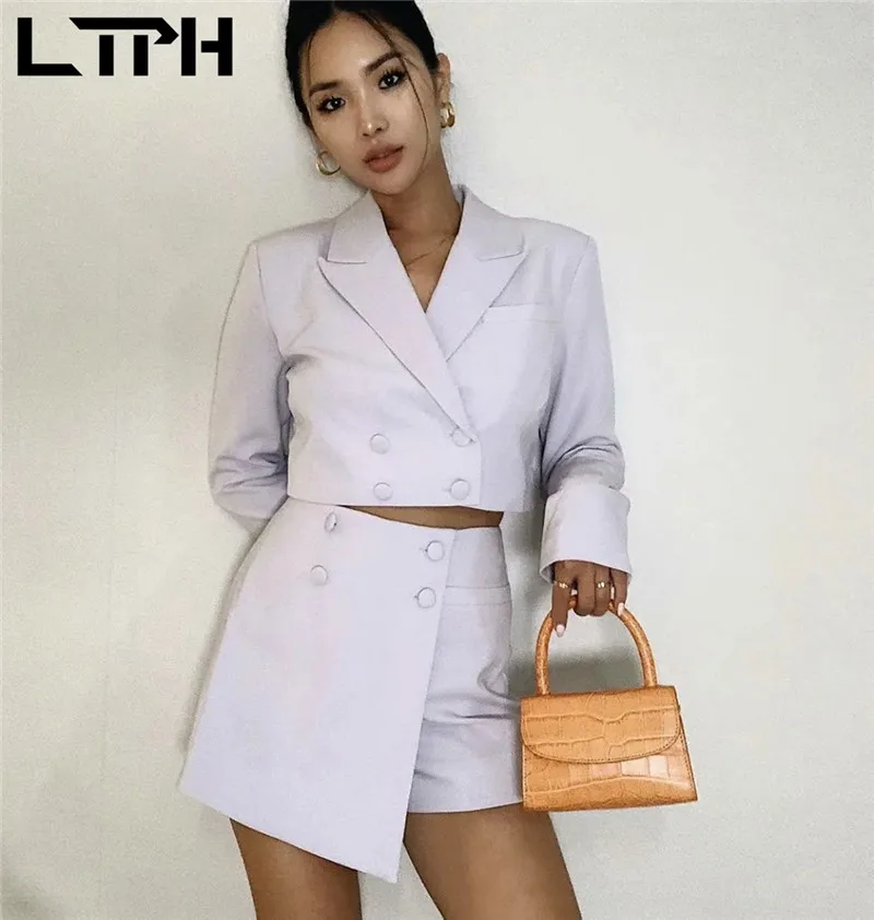 LTPH vintage elegante de las mujeres traje de 2 piezas conjunto americana corta de oficina para mujer trajes alto irregular cintura falda conjuntos 2021 primavera nueva