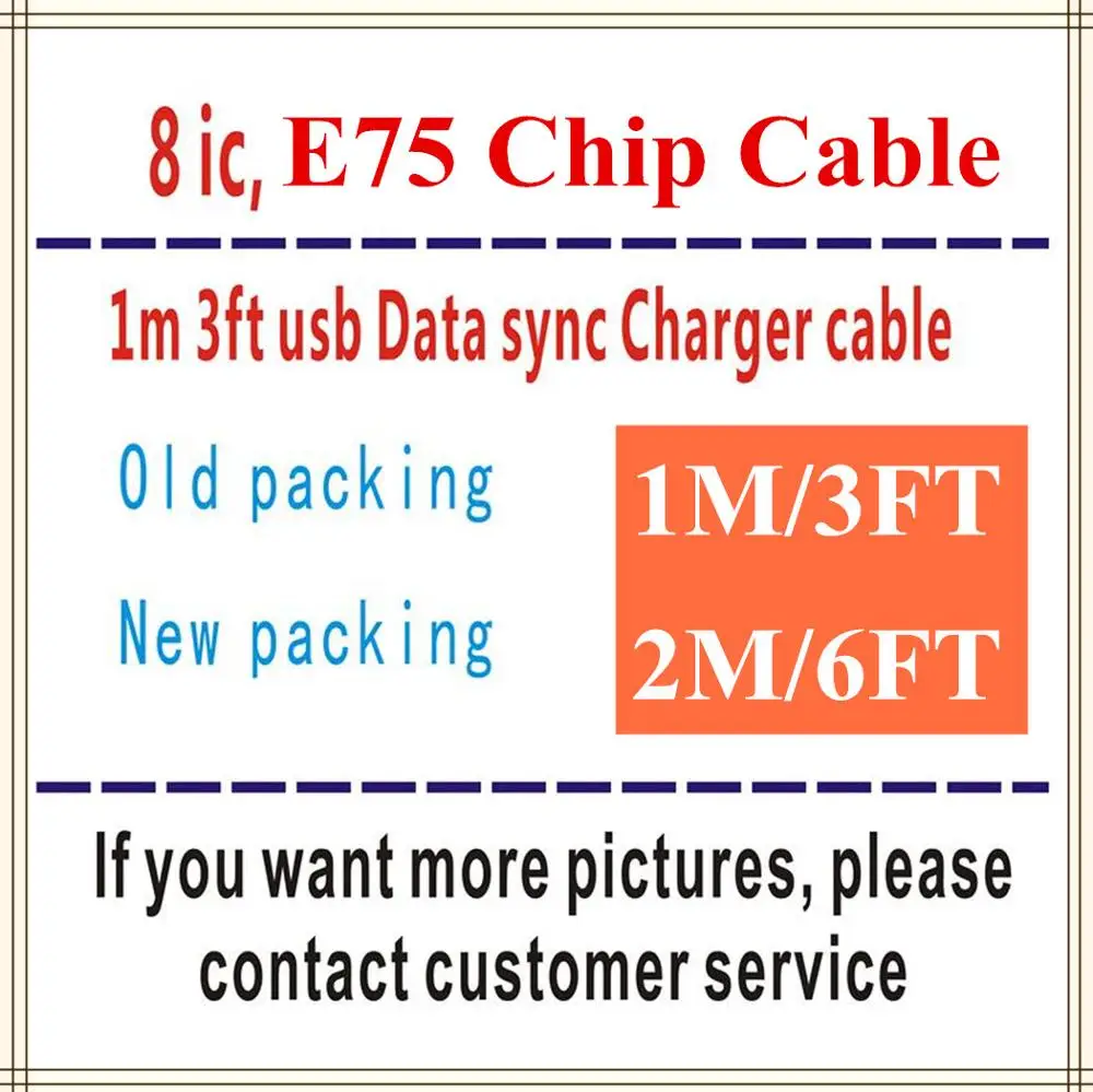 

100pcs/lot New Box 1m/3ft 2m/6ft Original 8IC E75 Chip OD:3.0mm Data Sync USB charger Cable for Foxconn for 11 7 8 Plus XS XR