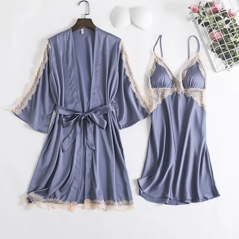 

2PCS Sleepwear Nightgown Sleep Suit Womens Nighty Robe Gown Sets Sexy Satin Spring New Lace Hollow Out Bathrobe Nighty Dress