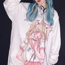 Deeptown Gothic Streetwear Anime Print Oversize Hoodies Women Punk Harajuku Hip Hop Sweatshirt Femal