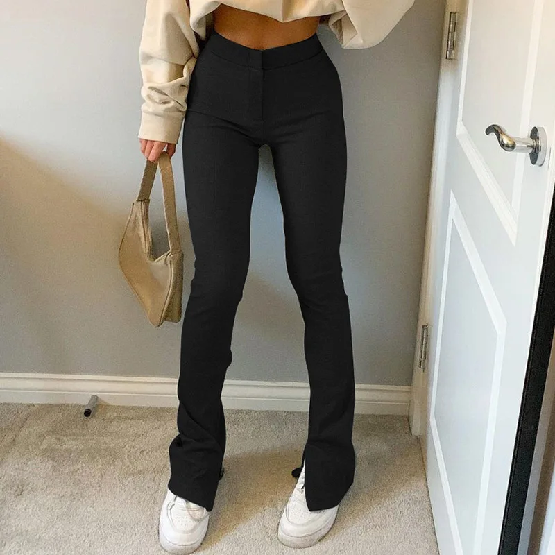 

Women Solid Jeans Slim-fit High Waist Trousers Slit High-waisted Skinny Trousers Sweatpants Vintage Slim Wide Leg Pants 2021