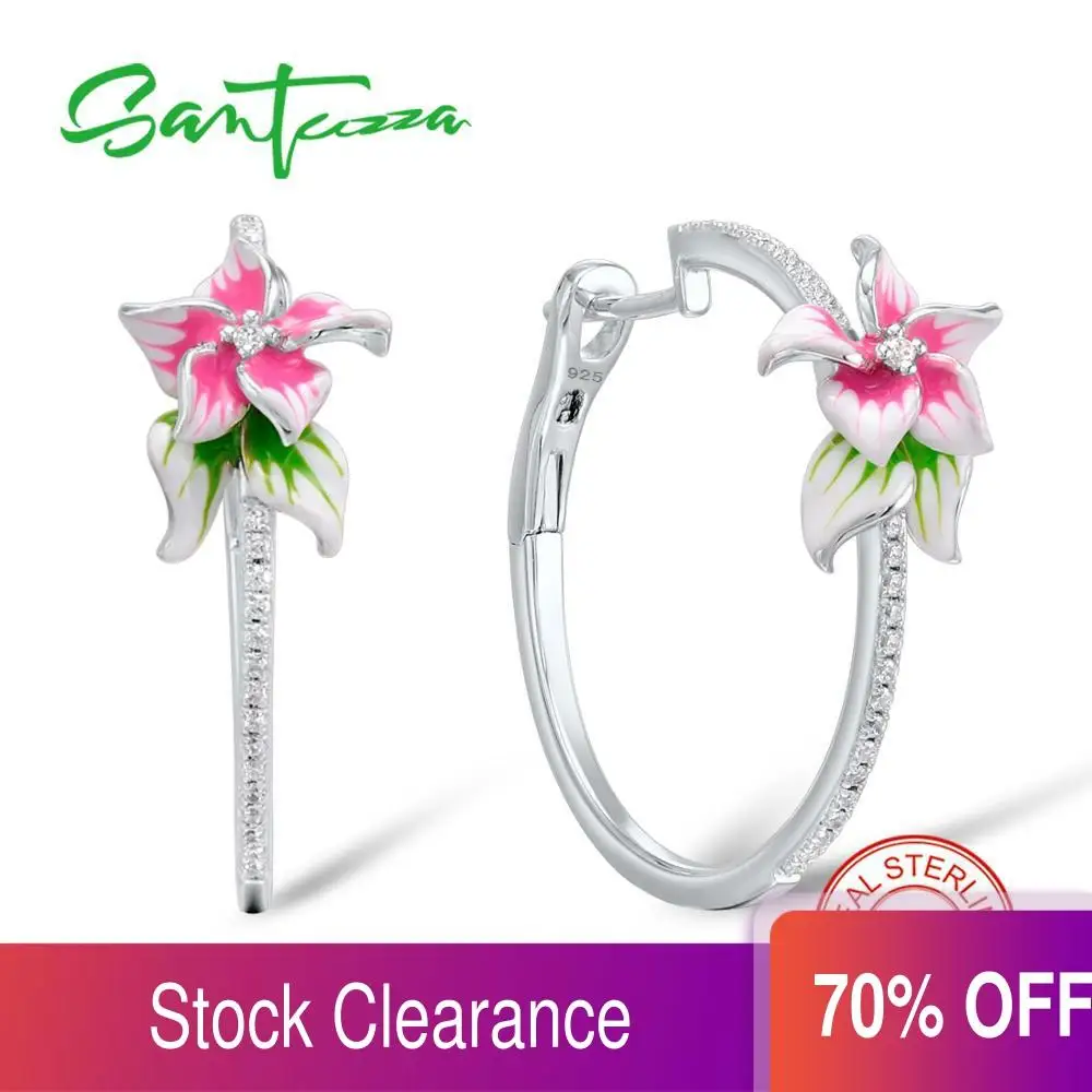 Женские серьги кольца SANTUZZA серебряные с розовым цветком и 925 пробы из фианита