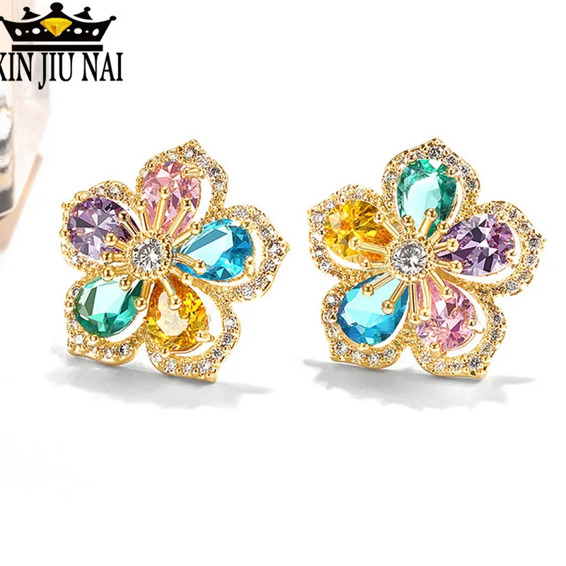 Женские турмалиновые серьги гвоздики с цветком из натурального серебра 925 пробы