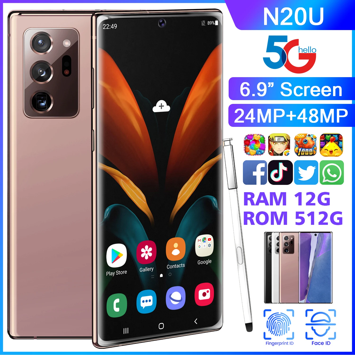 

Global Version Galxy N20U 6.9inch Smartphone Full Screen 12GB+ 512GB Android 10 Finger Face ID Dual Camera 4G Smart Mobile Phone