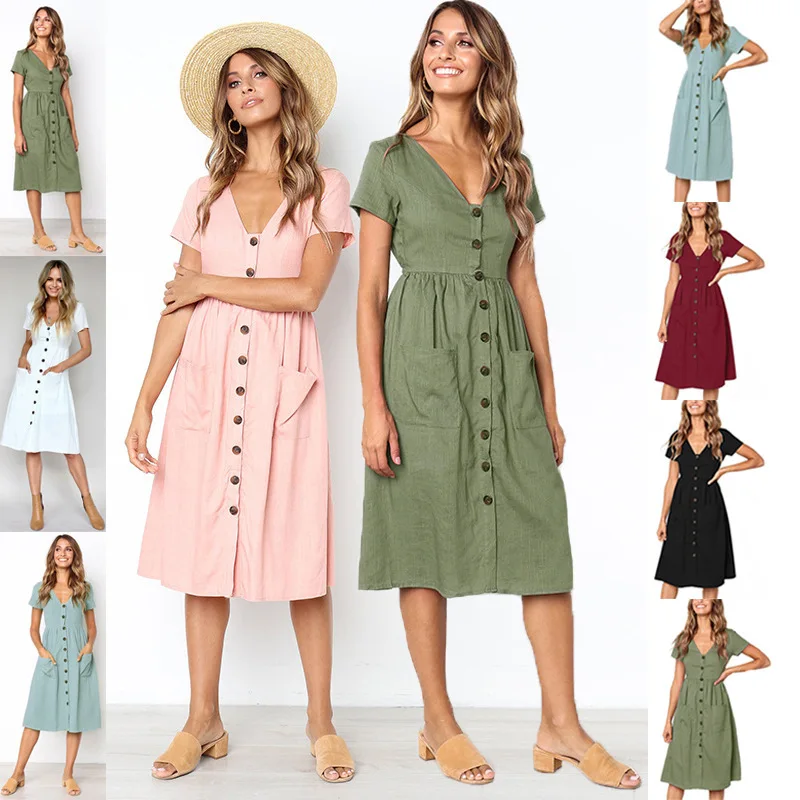 

Women's dress summer traf solid color v-neck button all-match pocket short sleeve shein Dress urban casual y2k woman dress 156