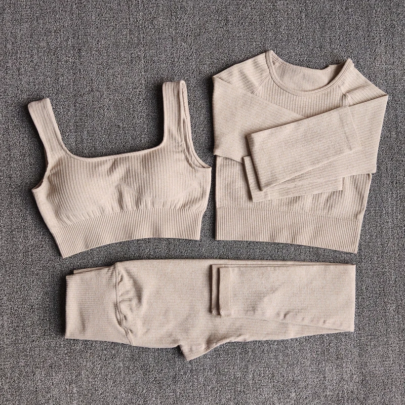 

Women's Sportswear Yoga Set Workout Clothes Athletic Wear Sports Gym Legging Seamless Fitness Bra Crop Top Long Sleeve Yoga Suit