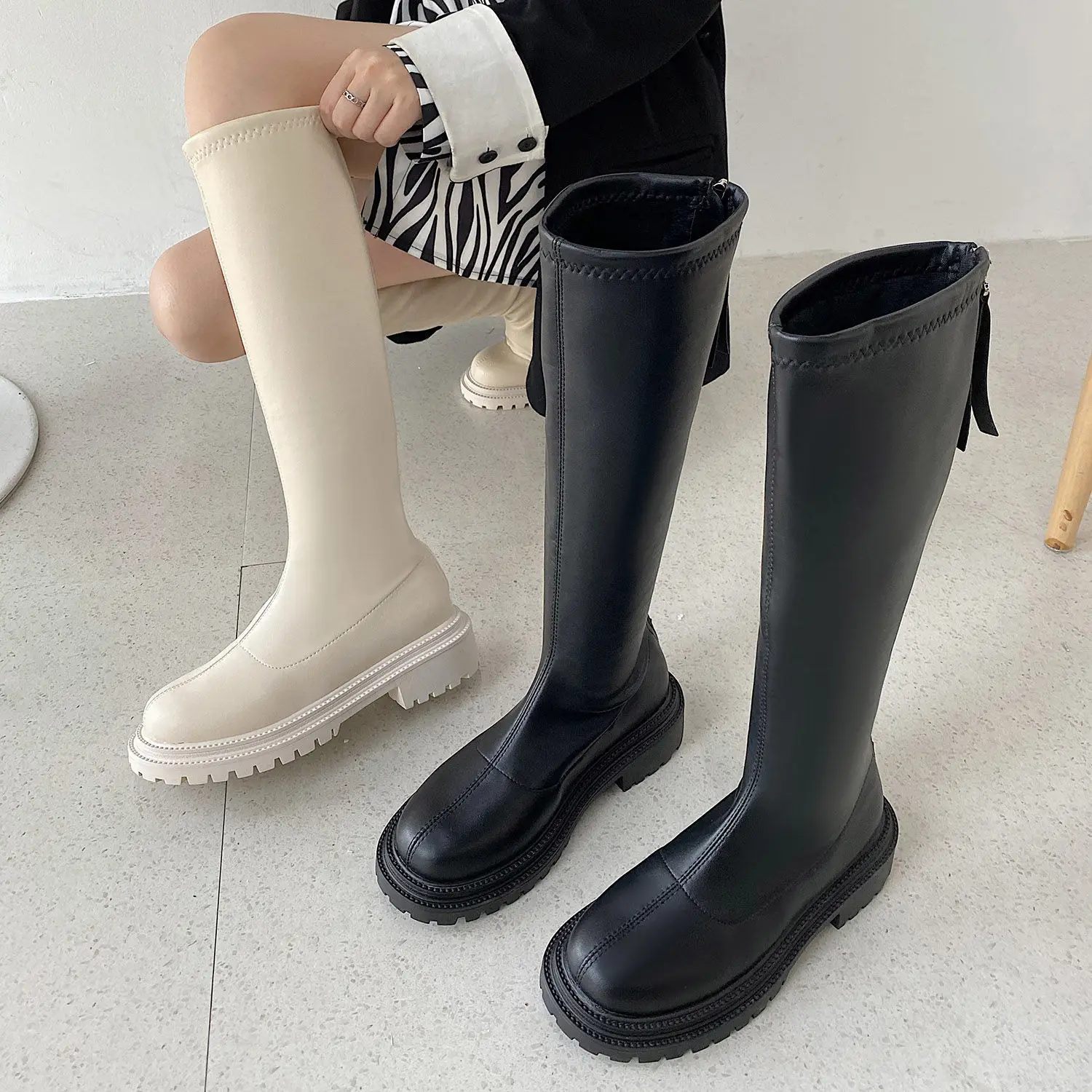 

Women High Boots Knee-High Round Toe Leather Waterproof Boots Zipper Plush Lining Non-slip Female Winter Boots botas de mujer