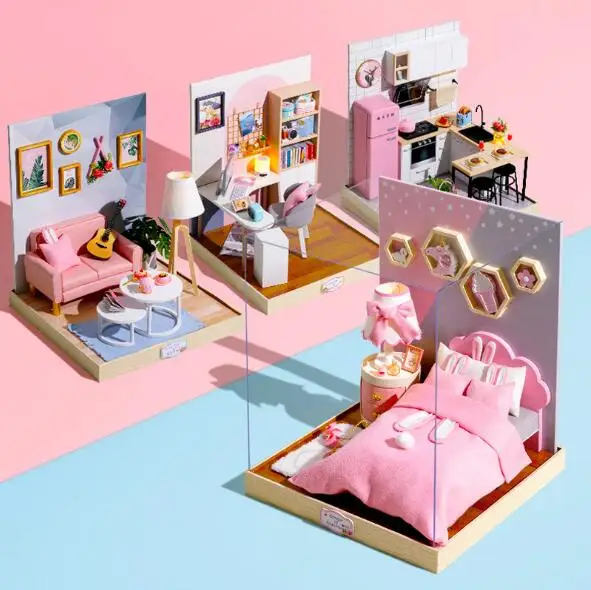

Cute room Doll House Furniture Diy Miniature 3D Wooden Miniaturas Bedroom kitchen Dollhouse Toys for Children