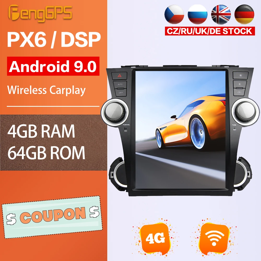 

Автомобильное радио для Toyota Highlander 2007-2013 Carplay мультимедиа головное устройство стерео Bluetooth gps-навигация, dvd-плеер, зеркало