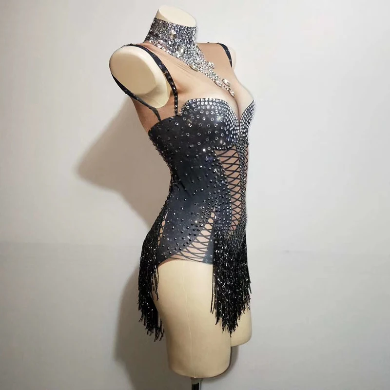 Women Jazz Dance Wear black Stretch Bodysuit Outfit Fringe Rhinestone One piece Jumpsuit Show Sexy DJ Costume Stage Costume rave