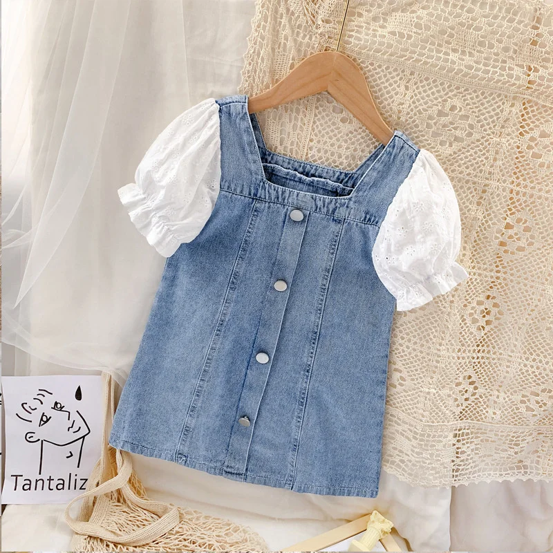 

2021 Summer New Girls Lace Patchwork Puff Sleeve Denim Princess Dress 2-7 Years Kids Fashion Square Collar Casual Dress