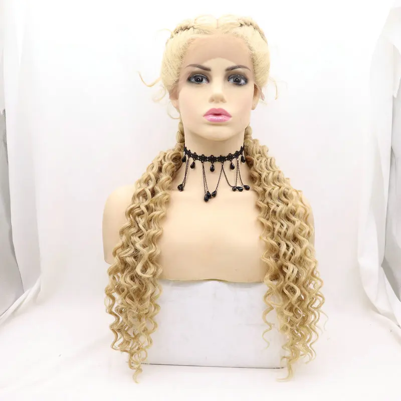 Melody Synthetic Lace Front Wigs 2X Double Twist Braided Curly 27# Mixed 613# Blonde Brown for Women Natural Looking Drag Queen