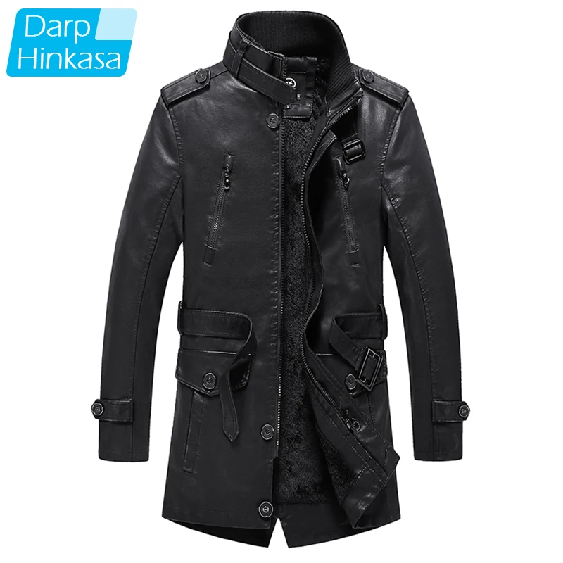 Мужская длинная куртка из искусственной кожи теплая Толстая Повседневная модная