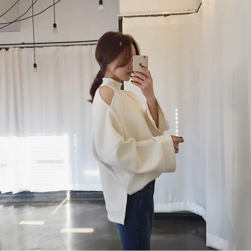 

2021 New Solid Stand Solid Off Shoulder Batwing Sleeve Split Full Sweatshirt Women's Fashion Loose Top