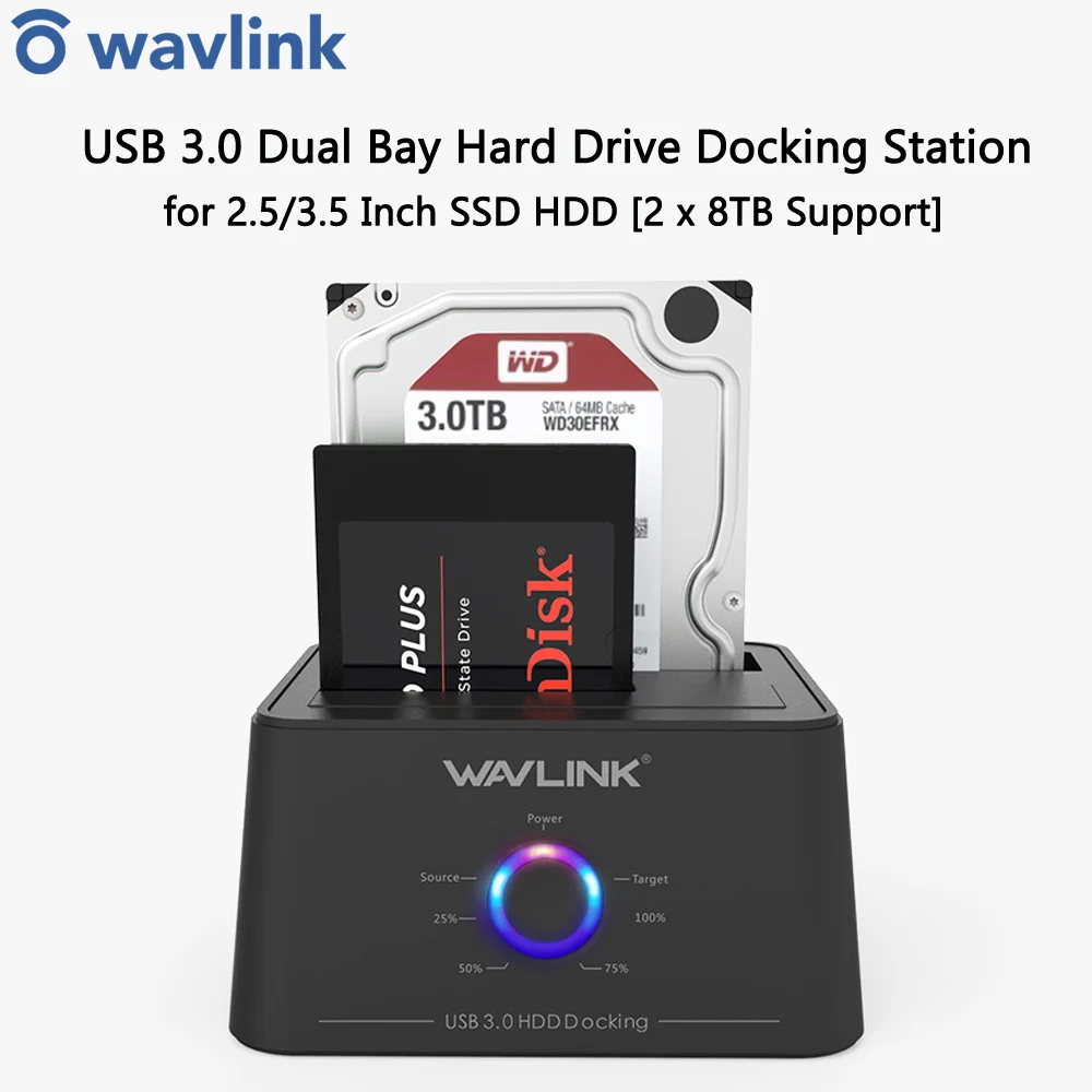 

Wavlink High Speed USB 3.0 to SATA Dual Bay External Hard Drive Docking Station 5Gbps for 2.5/3.5" SSD HDD Fast Offline Clone