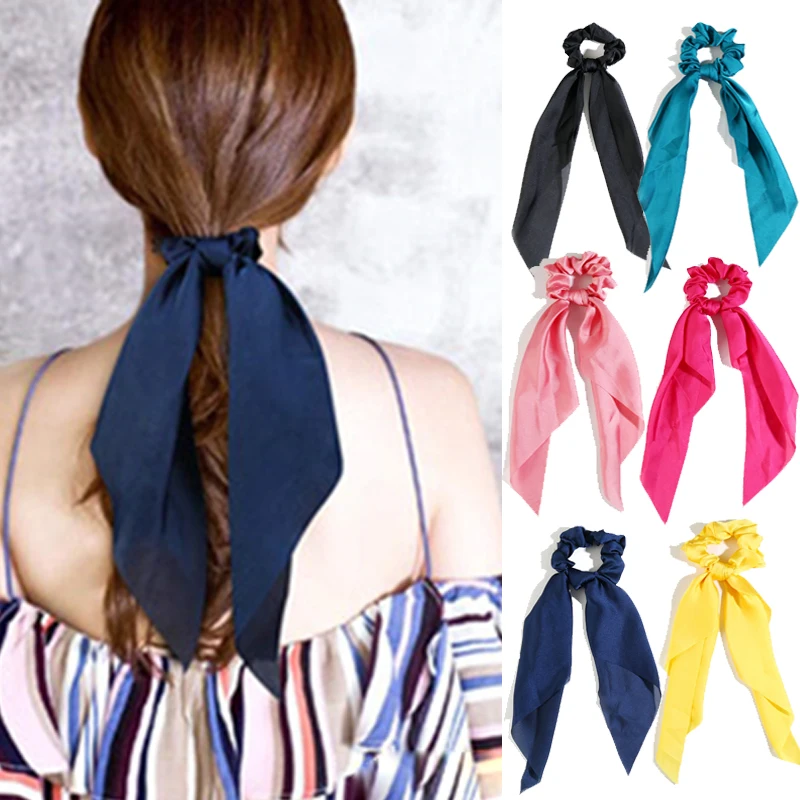 

New Solid Color Chiffon Hair Scarf for Women Long Ribbon Scrunchie Fashion Ponytail Elastic Hair Band Ties Girl Hair Accessories