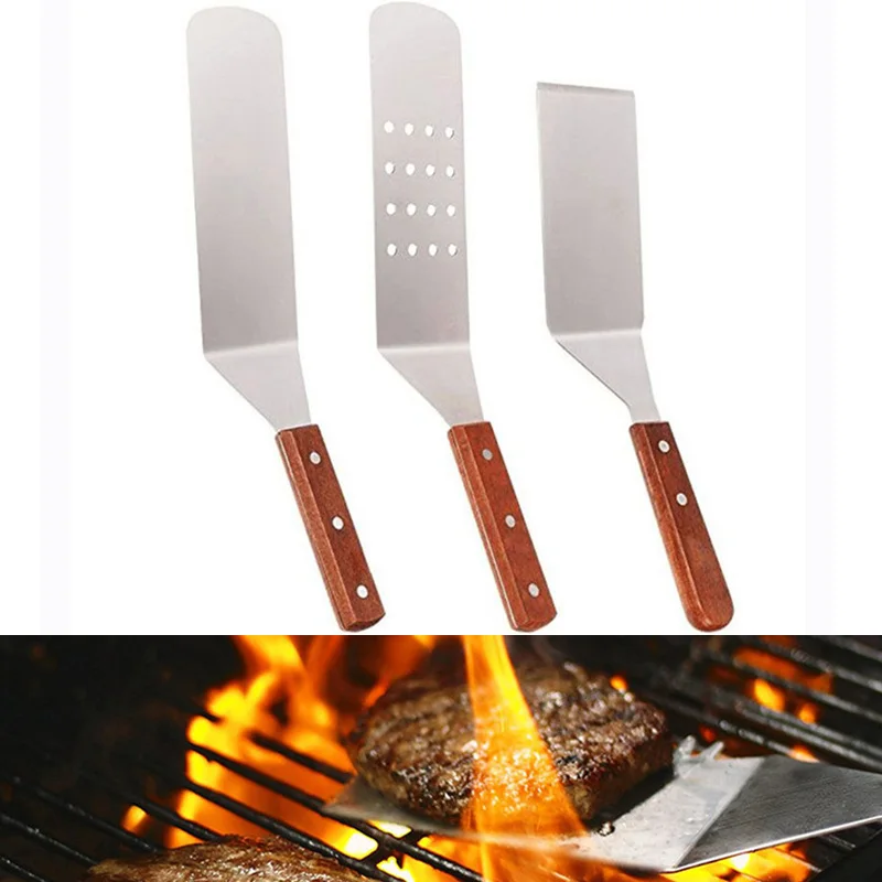 

Stainless Steel BBQ Grill Turner With Wooden Handle Cooking Spatula Frying Fish Shovel Kitchen Cooking Utensils Cutlets Pancake