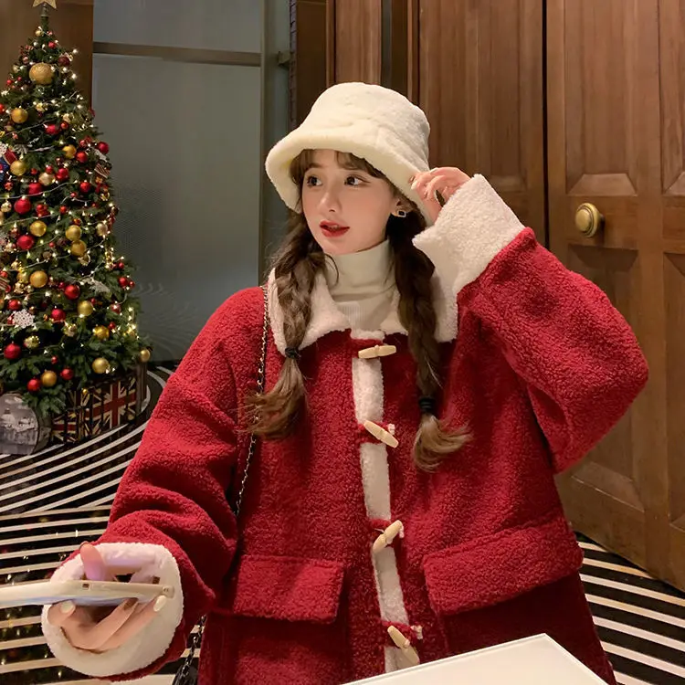 

New Retro Christmas Contrast Loose Stuffed Length Long Mango Coat 2021 New for Girls Autumn and Winter Top Woman Collar Hooded