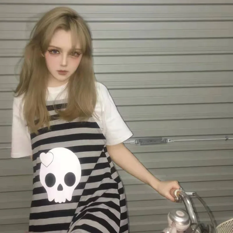 

Stripe Skull Emo Punk Mini Dress Women E-girl Pastel Goth Kawaii Aesthetic Dresses Fairy Grunge Cyber Y2K Alt Gothic Clothes