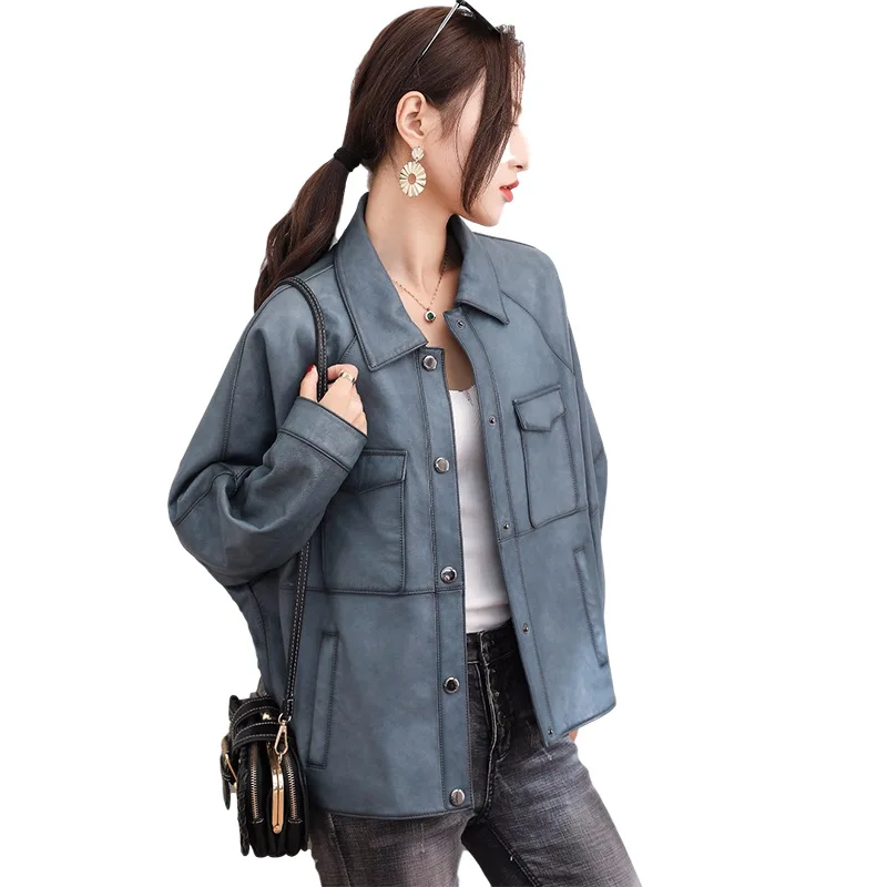 

Women Natural Luxury Leather Sheepskin Jacket Multi-Pocket Loose Runway Office Blue Short Jacket Retro Batwing Sleeve Biker Coat