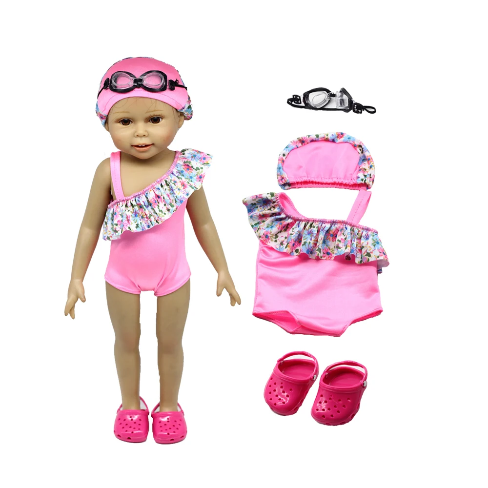 Розовая Одежда для 18-дюймовых девушек яркая + Кепка летний купальный костюм с