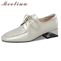 meotina genuine leather mid heel pumps women square toe shoes cross tied chunky heels footwear ladies dress shoes green 40 41