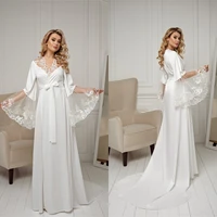 white soft lace bridal robe v neck long sleeve women dressing gown wedding bathrobes with belt boudoir sleepwear nightgowns