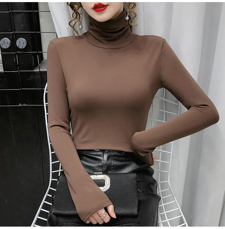 

2021 New Women's T-shirt High Collar Solid Color Long-sleeved Slim T-shirt Women Autumn And Winter T-shirt Women's