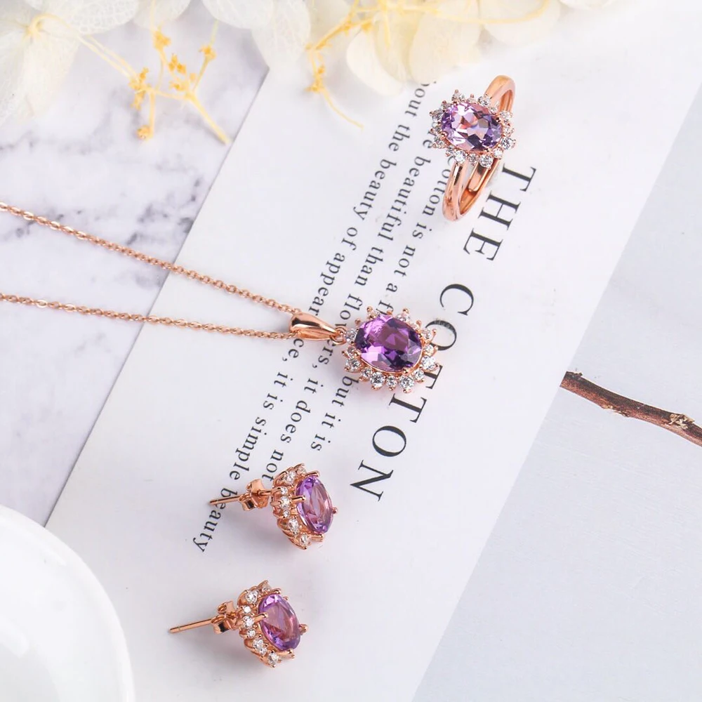 

SL AmethystSet Jewelry Women's Ring Natural Gemstone Ring Pendant Necklace Earring 925 Sterling Silver For Anniversary Gift