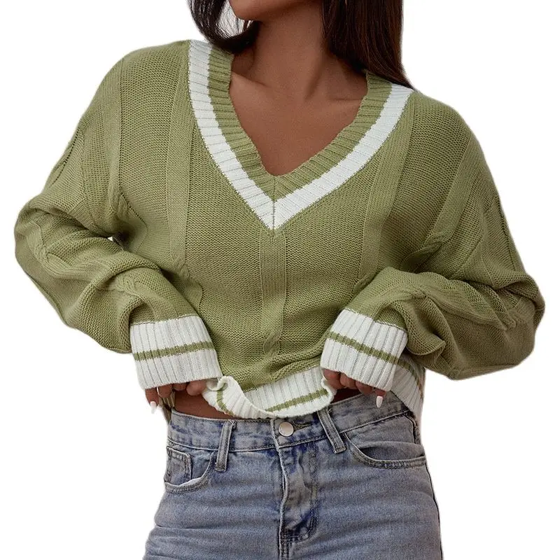 

Новинка 2021, Женский пуловер в европейском и американском стиле на осень и зиму с V-образным вырезом, облегающий свитер в стиле колледжа