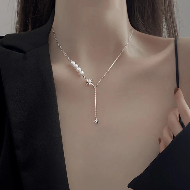 

2021 Трендовое ожерелье с жемчужной подвеской в виде восьмиконечной звезды для женщин и девушек короткое ожерелье с кисточкой цепочка до клю...