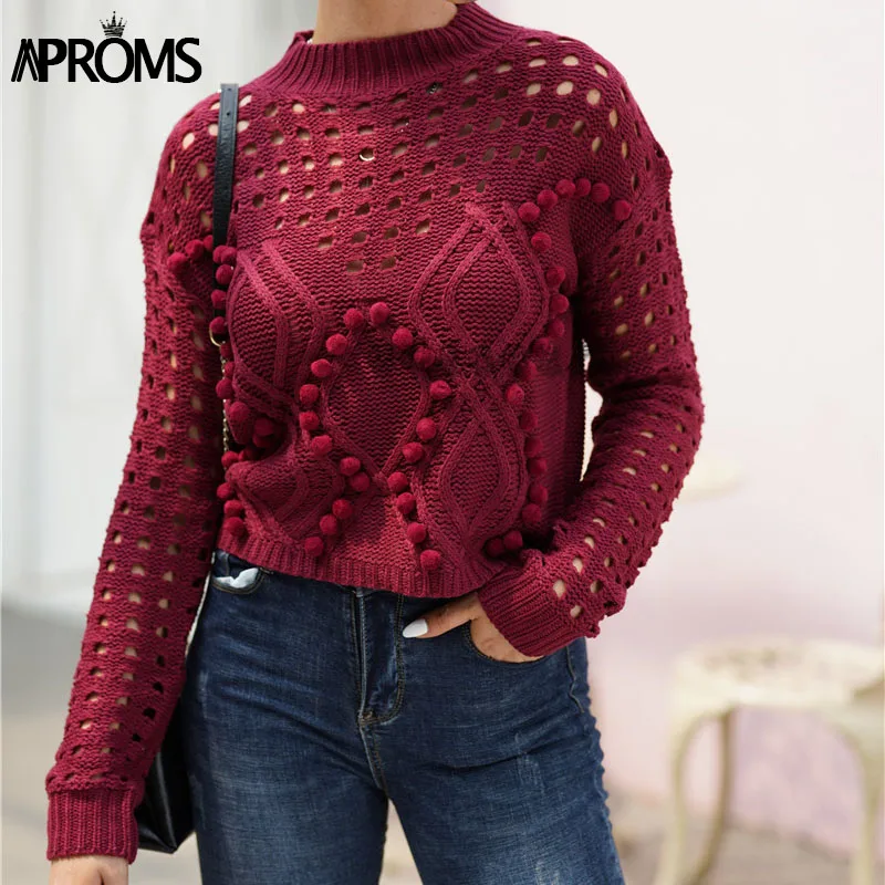 Dark Red Aproms элегантный вязаный свитер с высоким воротом и помпоном, женский укороченный свитер с длинным рукавом, осенний зимний короткий тонкий пуловер, белый джемпер - Цвет: Dark Red