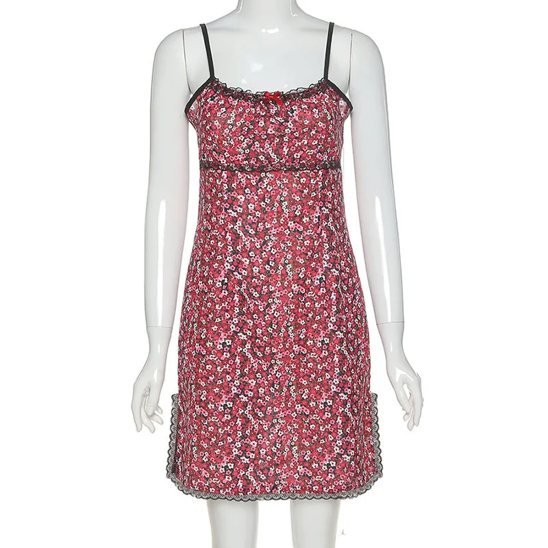 

Girl Spaghetti Strap with Lace Floral Dresses Vintage Slit A-line Summer Party Dress Sweet Flowers Red Mini Dress