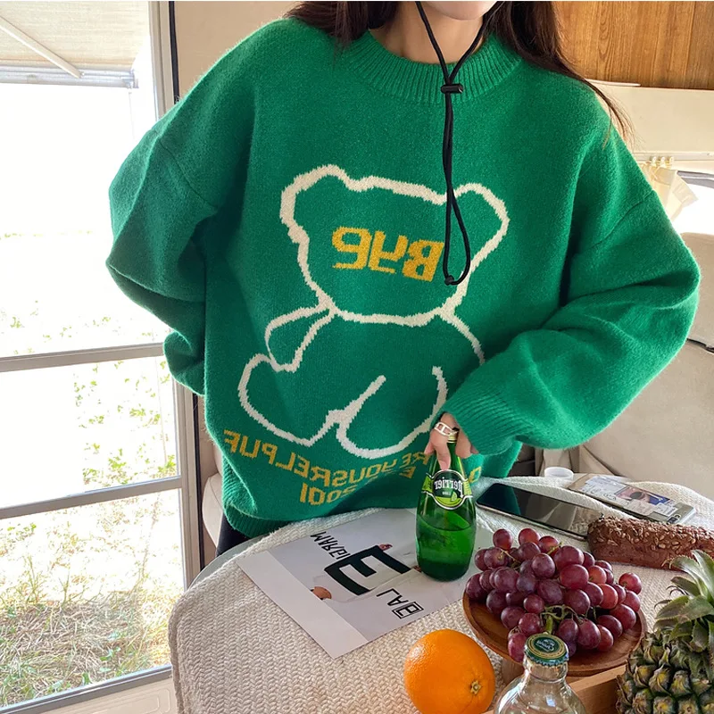 

Sweaters Women 2020 Autumn Winter Warm Cartoon Teddy Bear Pattern Loose Pullover Cute Korean Casual Sweater Woman Jumper