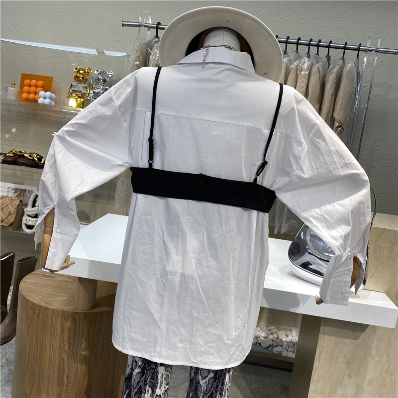 

Niche design Original 2021 Handsome Fashionable Suspender Vest + Design Side Split Lapel Loose Medium Length Shirt Two Piece Top