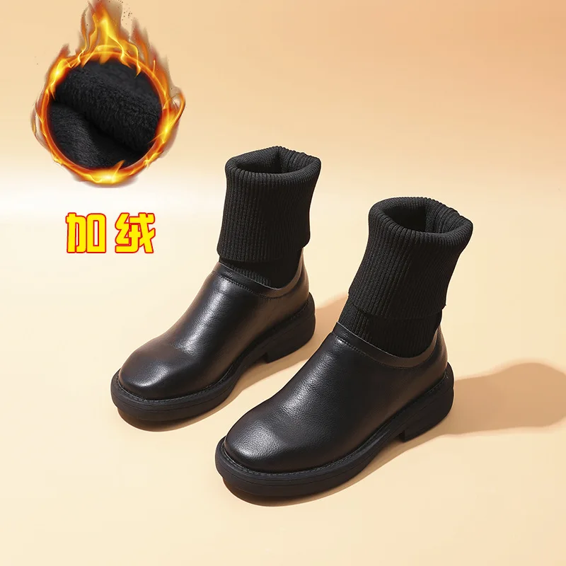 

LEOSOXS Genuine Leather Women Boots Short Plush Autumn/Winter Warm Snow Boots Female Mid-Calf Platform Flat Woman Short Boots