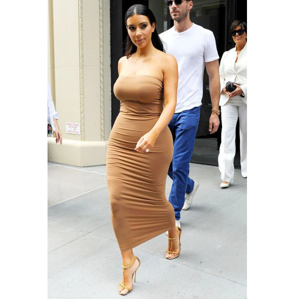 

Summer New Sexy Street Commuter Women's Khaki-Coloured Breast-Wearing Long Dress