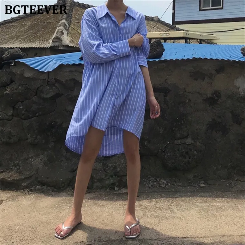 BGTEEVER повседневное Полосатое женское платье рубашка с отложным воротником
