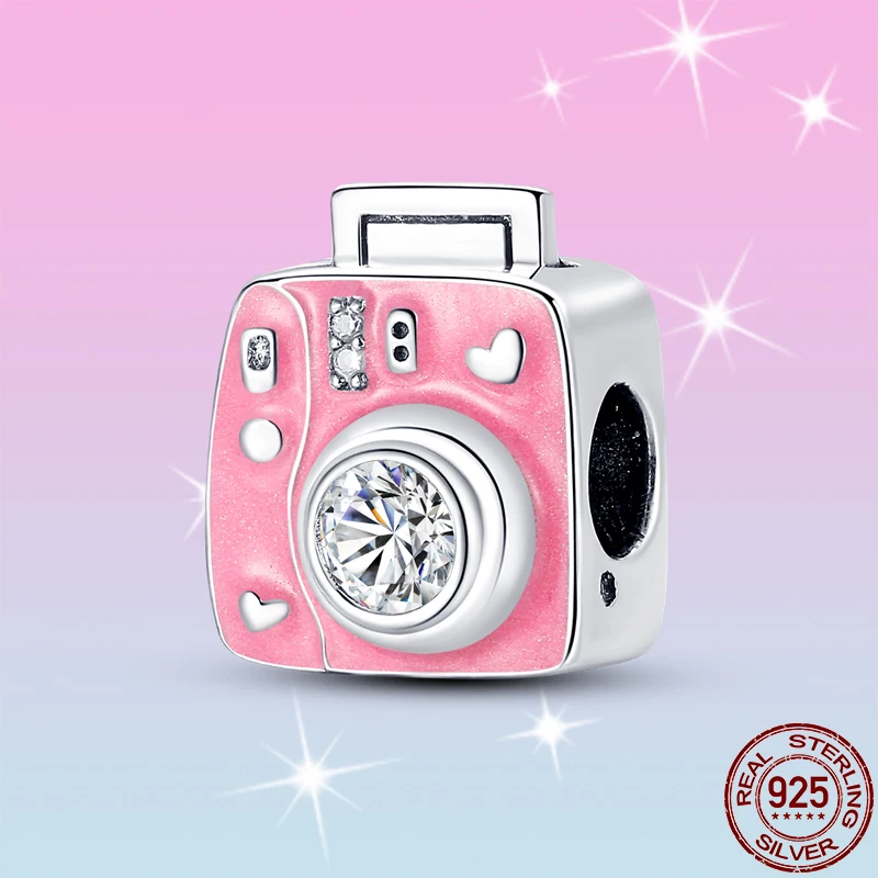 

HOT SALE 100% 925 Sterling Silver Pink Camera Charm Beads Fit Original Pandora Bracelet Pendant Necklace Jewelry