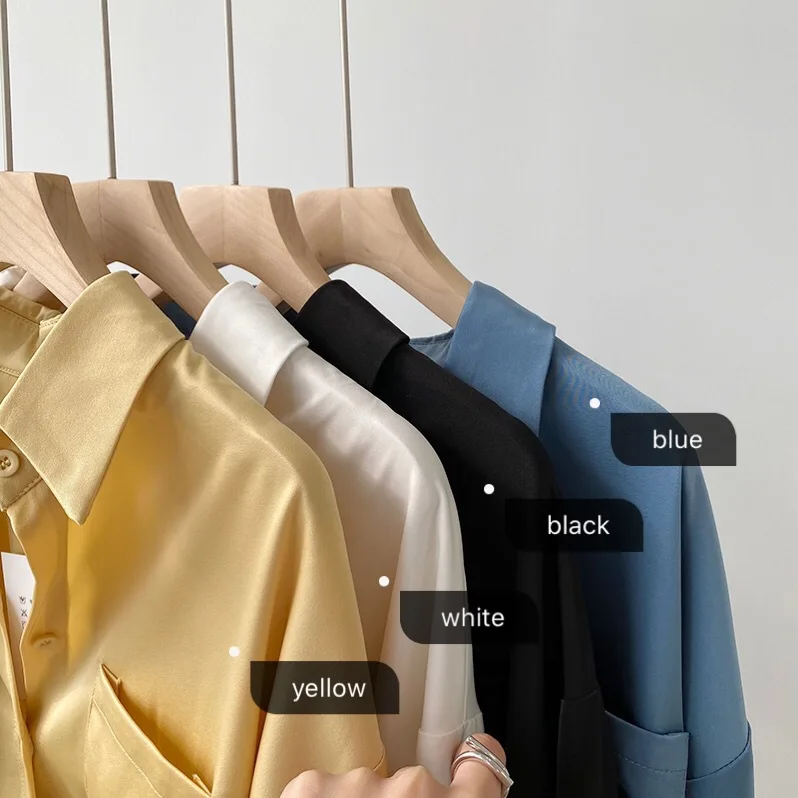 

2021 New Women Blouses Tops Shirt Long Sleeve Button V Neck Satin Tops Basic Top Fashion Classic Streetwear White Black