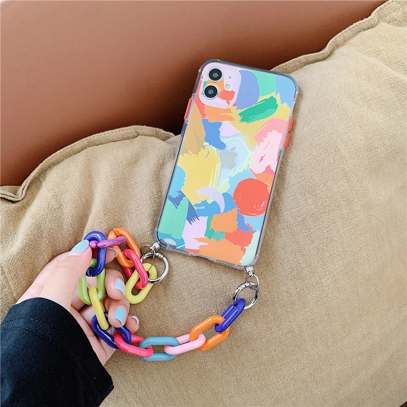 

Art Graffiti Bracelet Lanyard Phone Cases For iPhone 12 11 Pro Max X XS XR 7 8 Plus 12 Mini Camera Protection Cute Chain Shell