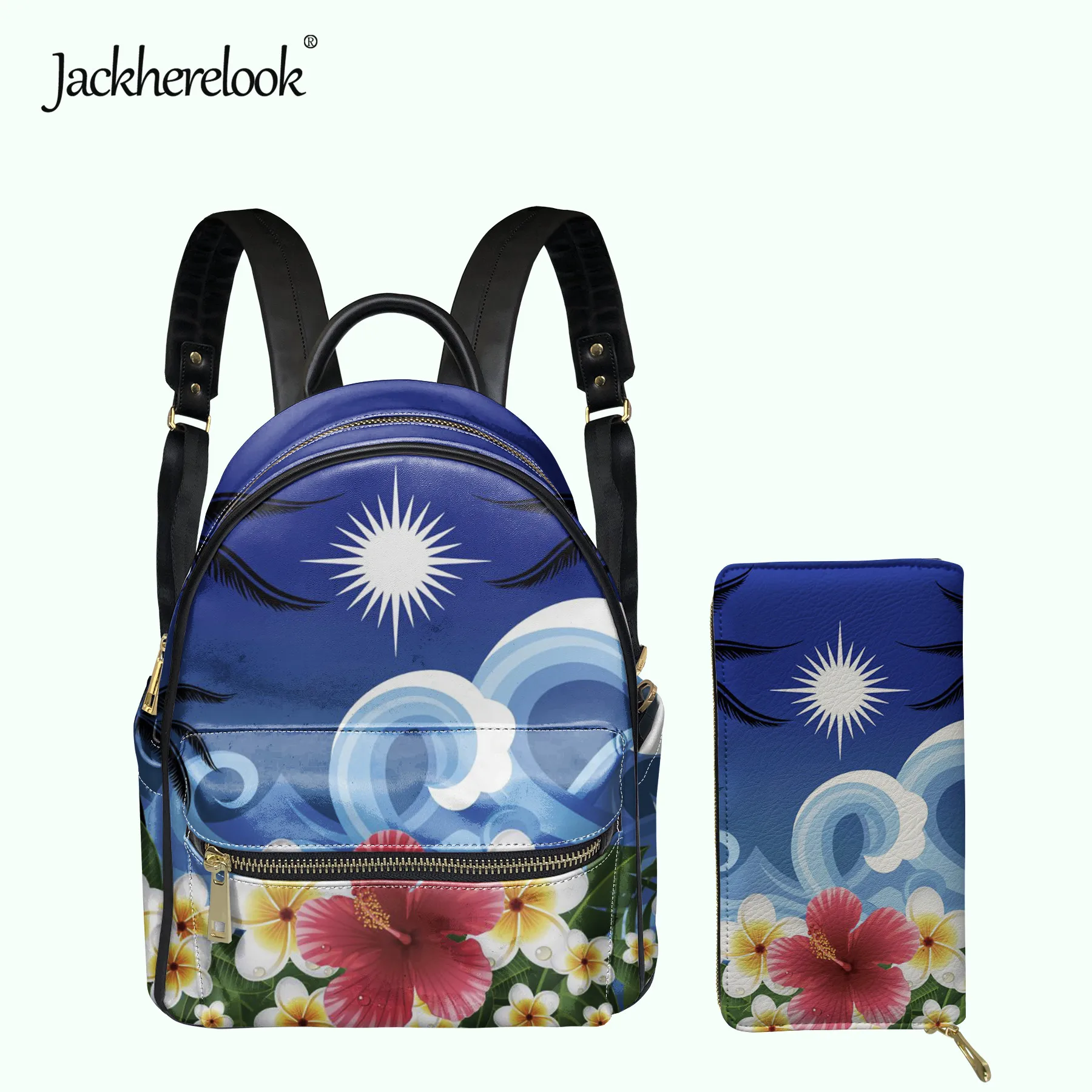 Jackherelook Women Backpack Set Marshall Island Kwajalein Flag Hibiscus Print Female Wallet Leather Schoolbag for Girls Mochila