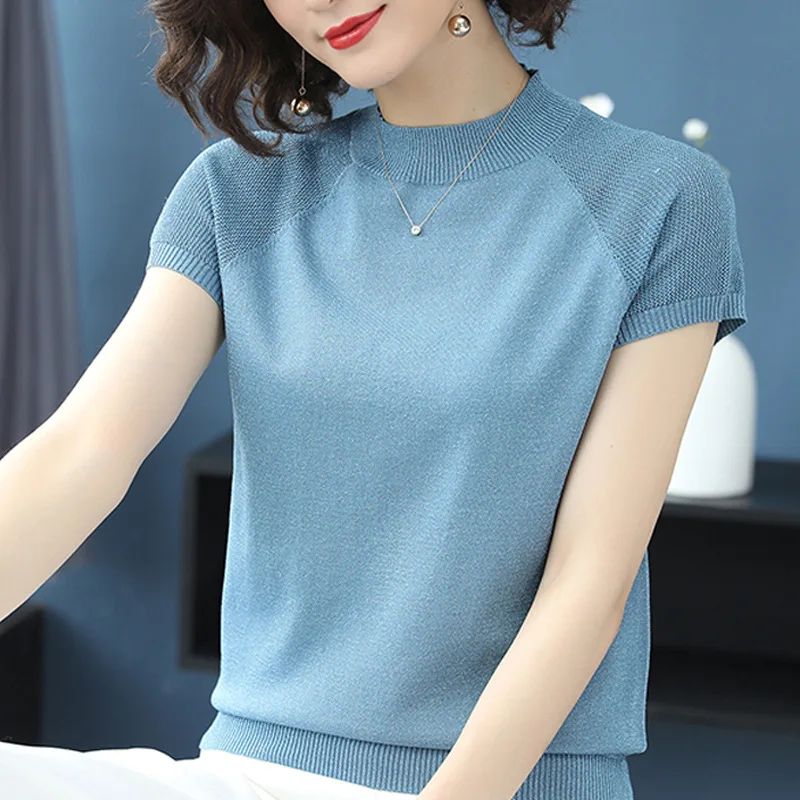 

New Ice Silk Knitted Women Tops Women Clothing Blusas Summer Solid Loose Half Turtleneck Blouse Fashion Chic Korean Clothes