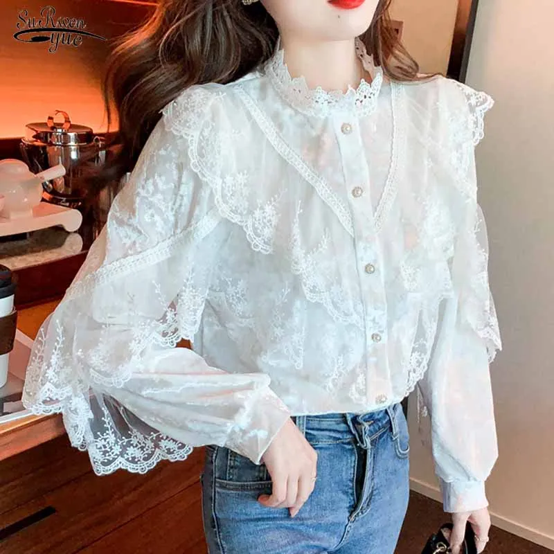 

Осенняя Женская кружевная блузка с длинным рукавом и воротником-стойкой, Женский Топ, элегантная Милая Корейская рубашка с оборками и строч...