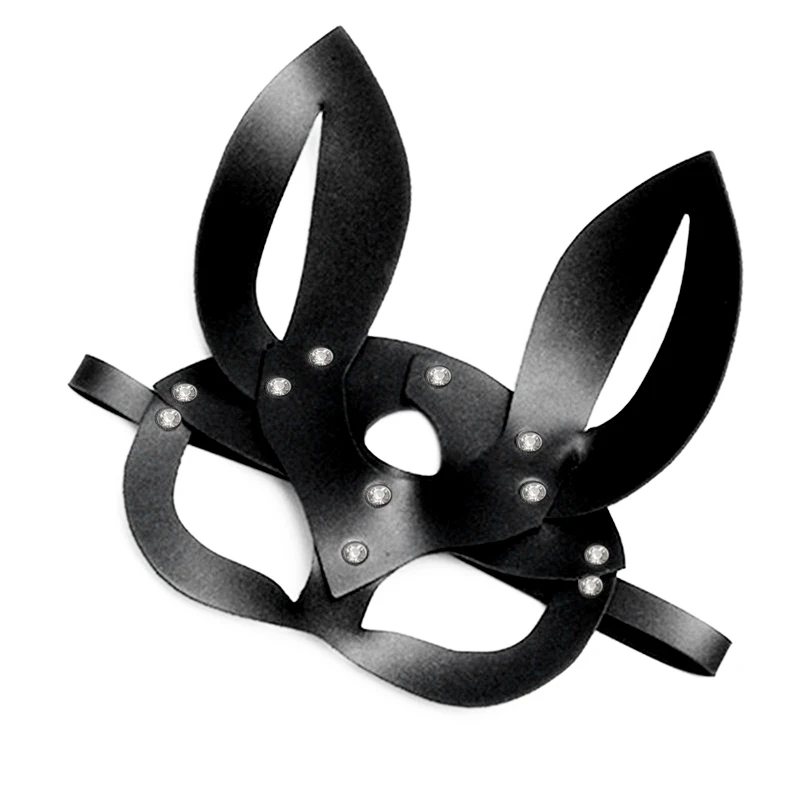 Кожаная маска с длинными ушками для косплея черная кролика шипами сексуальная