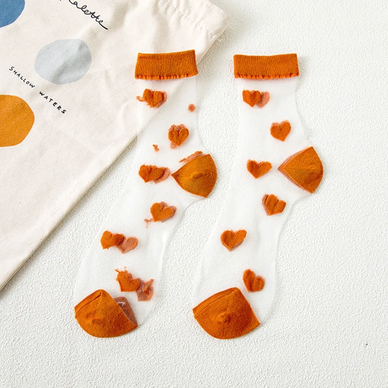 

Korean Heart Love Tulle Glass Silk Socks Women Summer New Ladies Lace Transparent Ultra-thin Mesh Colorful Nylon Sheer Socks