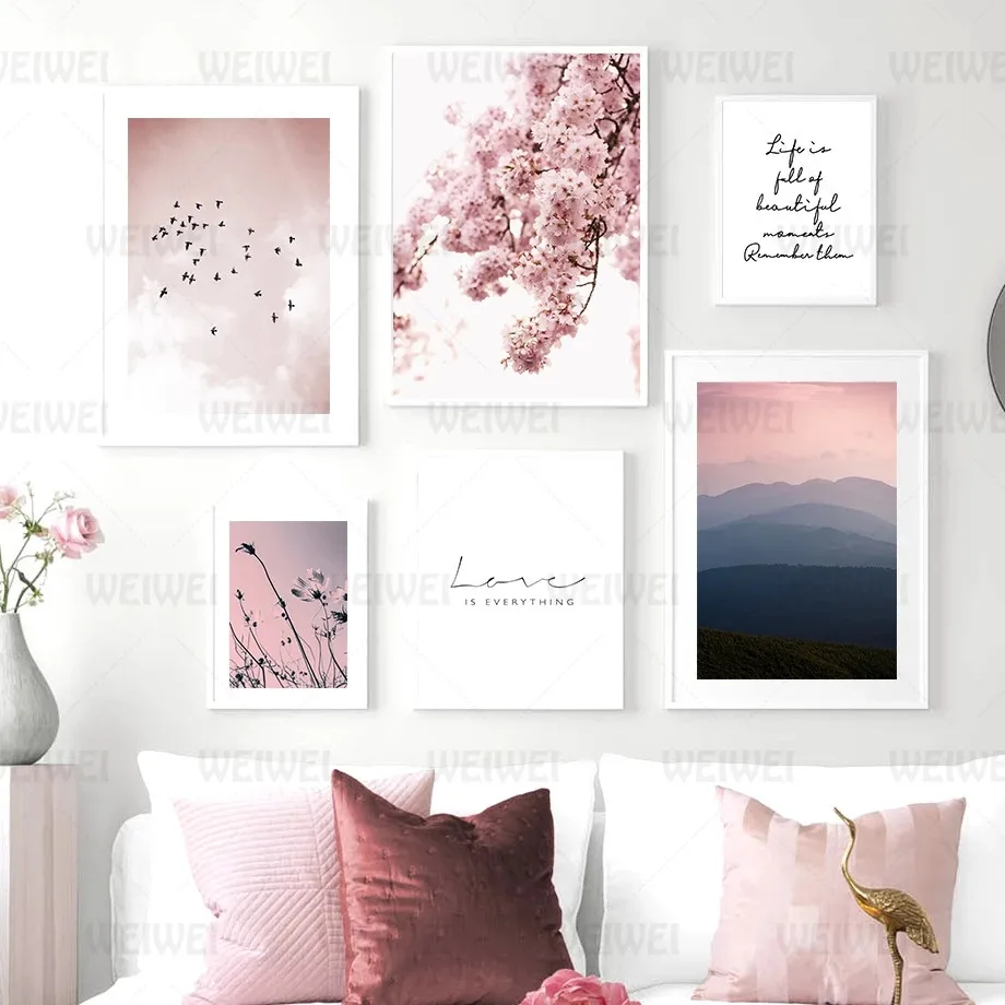 

Cherry Blossoms Flower Sky Bird Quote Hd Wall Art Canvas Painting Nordic Posters and Prints Wall Pictures for Living Room Decor