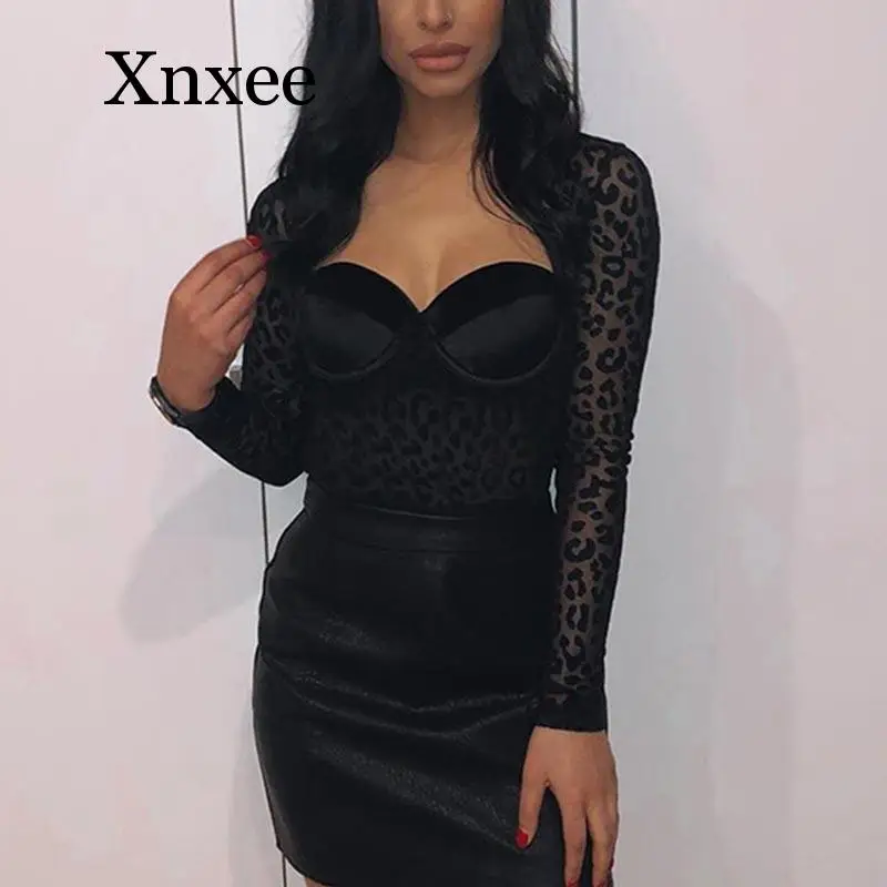 Mesh Leopard Mesh Bodysuit Black Sexy Bodysuit For Women Square Collar Long Sleeve Bodysuits Female Leopard print lace bodysuit